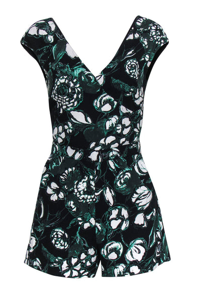 Current Boutique-Club Monaco - Black, Green & White Floral Print Sleeveless Romper w/ Back Cutout Sz XS