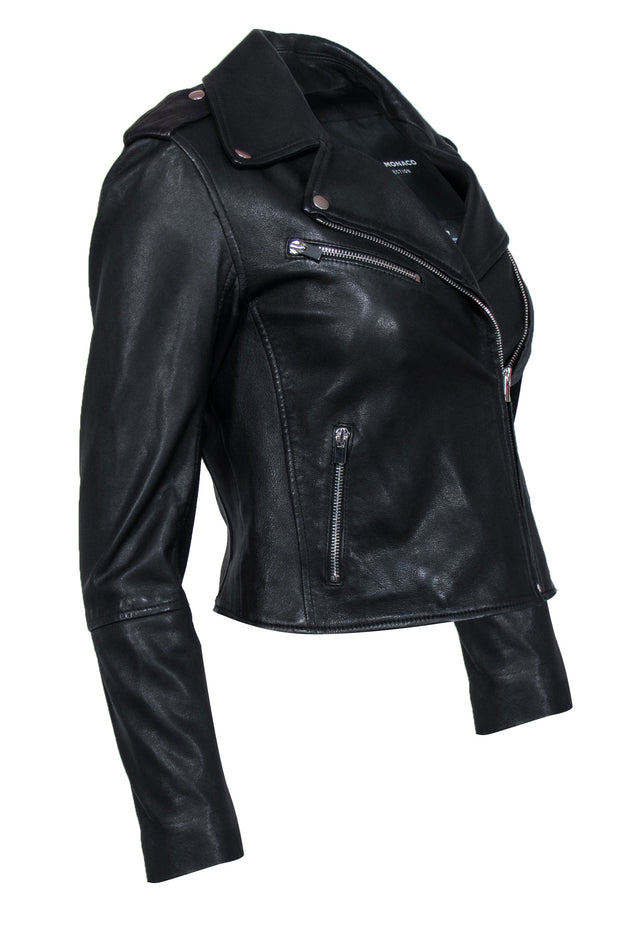Current Boutique-Club Monaco - Black Smooth Leather Zip-Up Moto Jacket Sz XS