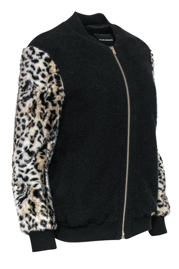 Current Boutique-Club Monaco - Black Zip-Up Bomber Jacket w/ Faux Fur Leopard Print Sleeves Sz S