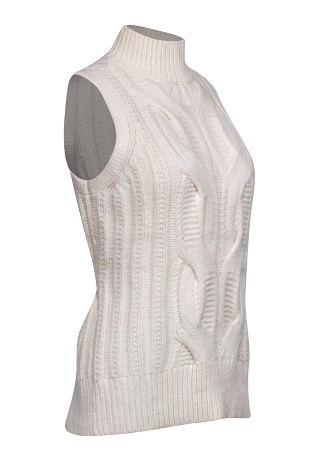 Current Boutique-Club Monaco - Cream Cable Tie Knit Turtleneck Sweater Vest w/ Split Back Sz SP