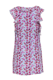 Current Boutique-Club Monaco - Light Blue & Multicolored Floral Print Ruffle Silk Shift Dress Sz 00