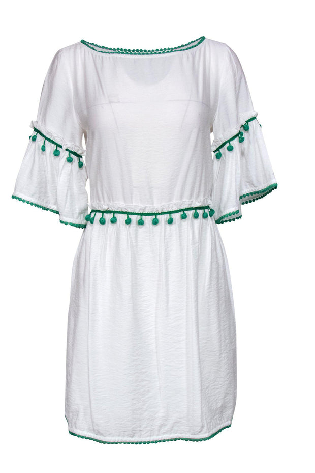 Current Boutique-Club Monaco - White Shift Dress w/ Green Pom Pom Tassels Sz S