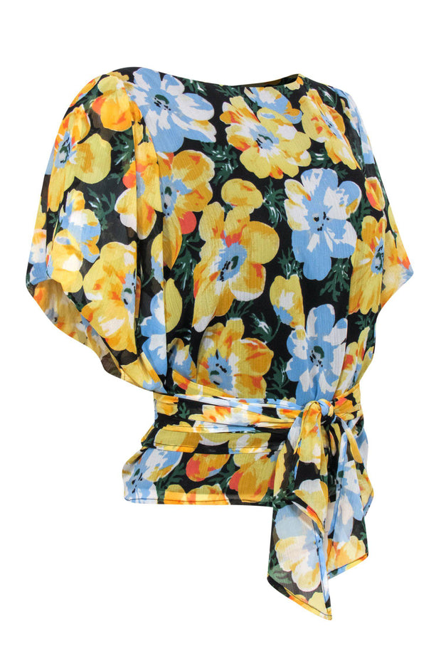 Current Boutique-Club Monaco - Yellow, Black & Blue Floral Print Puff Sleeve Wrap Blouse Sz L