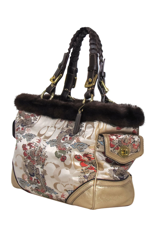 Current Boutique-Coach - Beige Dragon Chinoiseries Satin Handbag w/ Mink Fur Trim