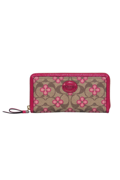 Current Boutique-Coach - Beige Monogram & Floral Print Wallet w/ Pink Trim