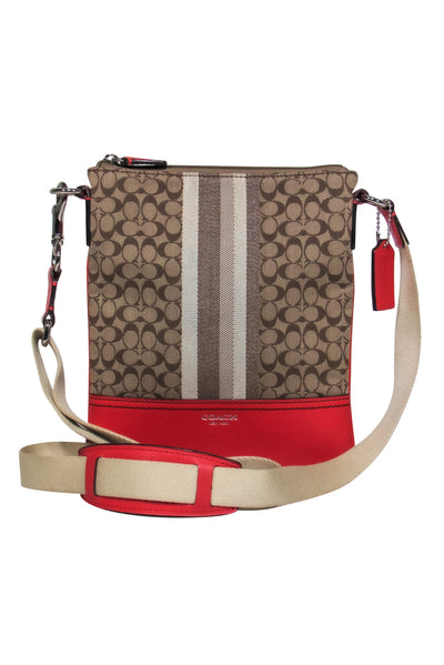 Current Boutique-Coach - Beige Monogram Print Crossbody w/ Red Leather & Sparkly Striped Trim