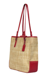 Current Boutique-Coach - Beige Woven Straw Tote w/ Red Leather Trim