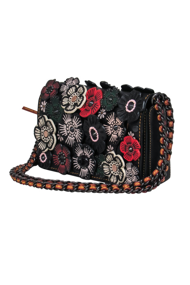 Current Boutique-Coach - Black Leather Convertible Shoulder Bag w/ Leather Flowers & Beading