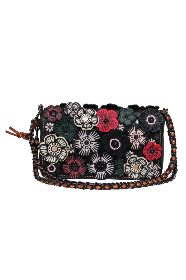 Current Boutique-Coach - Black Leather Convertible Shoulder Bag w/ Leather Flowers & Beading