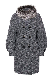 Current Boutique-Coach - Black & White Knit Puff Sleeve Longline Coat w/ Fox Fur Collar Sz S
