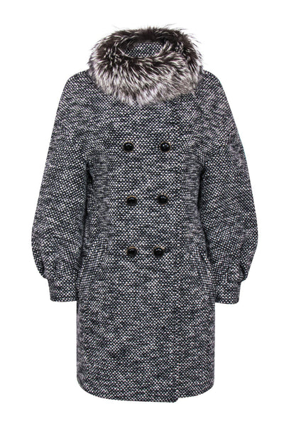Current Boutique-Coach - Black & White Knit Puff Sleeve Longline Coat w/ Fox Fur Collar Sz S