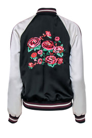 Current Boutique-Coach - Black & White Satin Bomber Jacket w/ Floral Embroidery Sz M