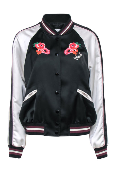Current Boutique-Coach - Black & White Satin Bomber Jacket w/ Floral Embroidery Sz M