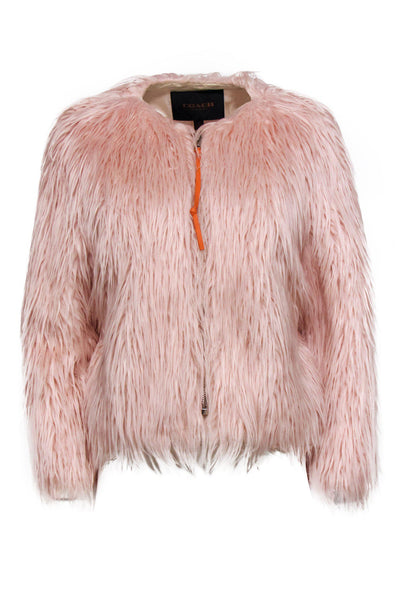 Current Boutique-Coach - Blush Pink Faux Fur Zip-Up Jacket w/ Orange Belt Detail Sz M