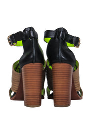 Current Boutique-Coach - Brown, Black & Red Woven Leather Open Toe Block Heel Pumps Sz 7.5