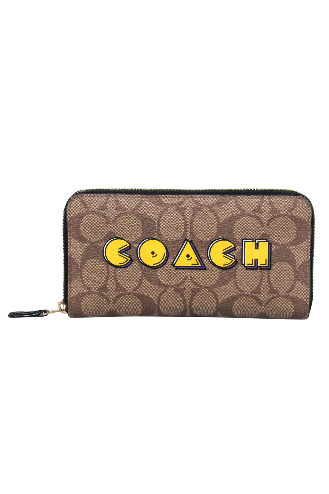 Coach Brown Leather Monogram Zippered Wallet w Pac Man Logo Current Boutique