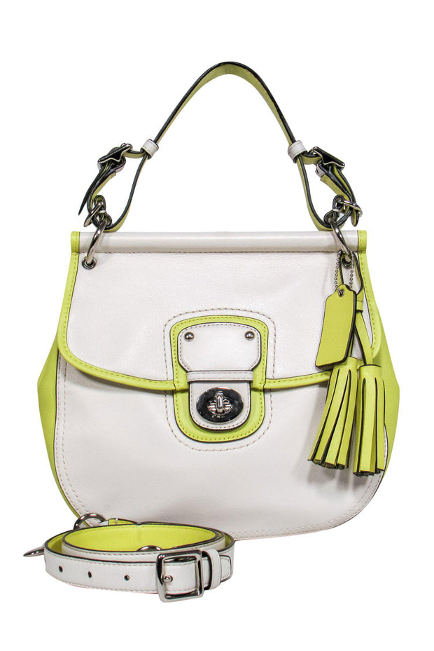Current Boutique-Coach - Cream & Lime Green Colorblocked Saddle-Style Convertible Crossbody