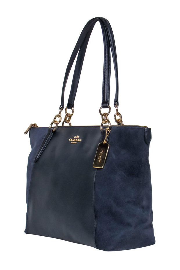 Current Boutique-Coach - Dark Navy Leather & Suede Zippered Tote Bag