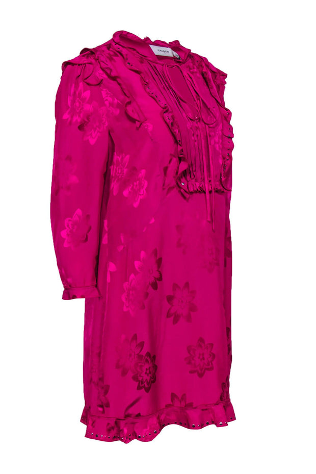 Current Boutique-Coach - Fuchsia Satin Floral Textured Peasant Dress w/ Ruffles Sz 10