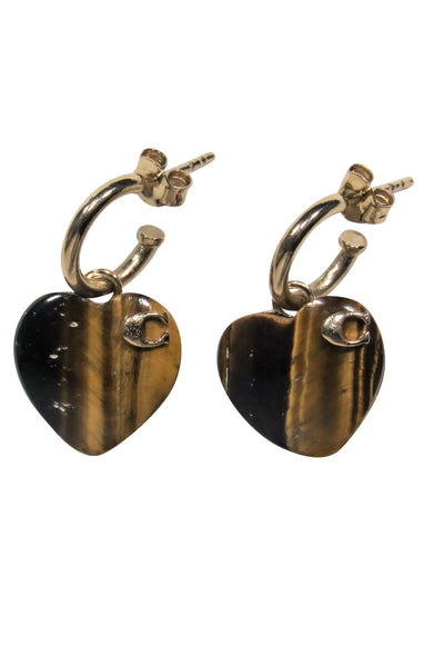 Current Boutique-Coach - Gold & Brown Marbled Heart Hoop Drop Earrings