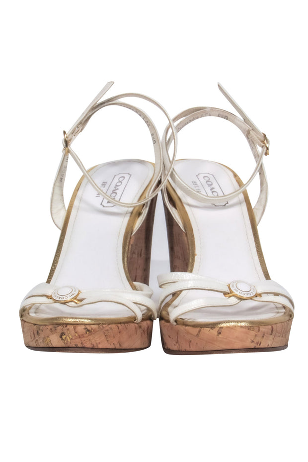 Current Boutique-Coach - Ivory Leather Strappy Cork Wedge Heels Sz 8.5