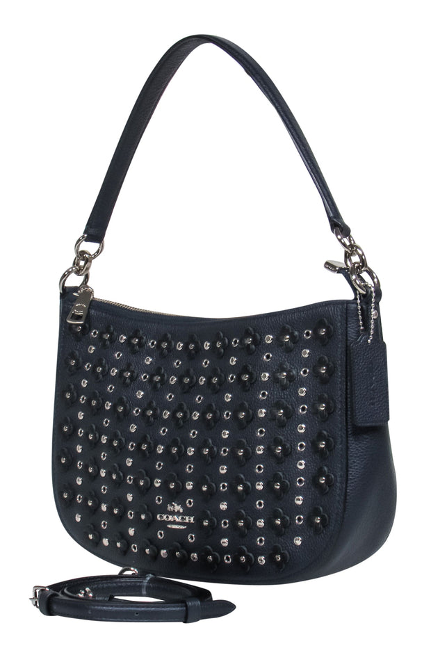 Current Boutique-Coach - Navy Pebbled Leather Convertible Crossbody w/ Studs, Grommets & Floral Appliques