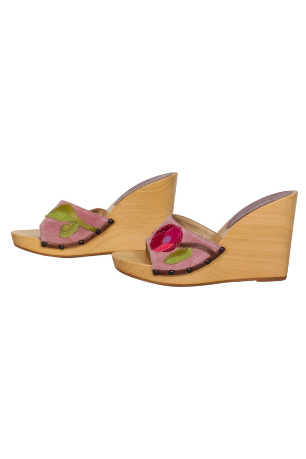 Current Boutique-Coach - Purple, Pink & Green Floral Embroidered Wooden Platform Wedges Sz 7