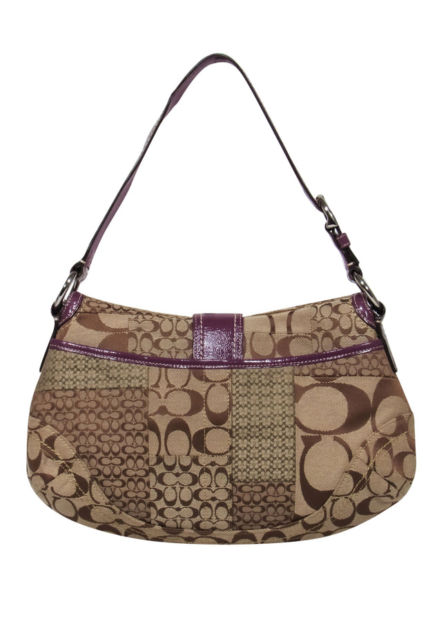Current Boutique-Coach - Tan Logo Patchwork Shoulder Bag w/ Purple Patent Leather Trim & Buckle