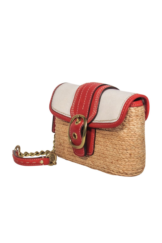 Coach - Tan, Red & Cream Woven Straw & Leather Convertible Wristlet –  Current Boutique