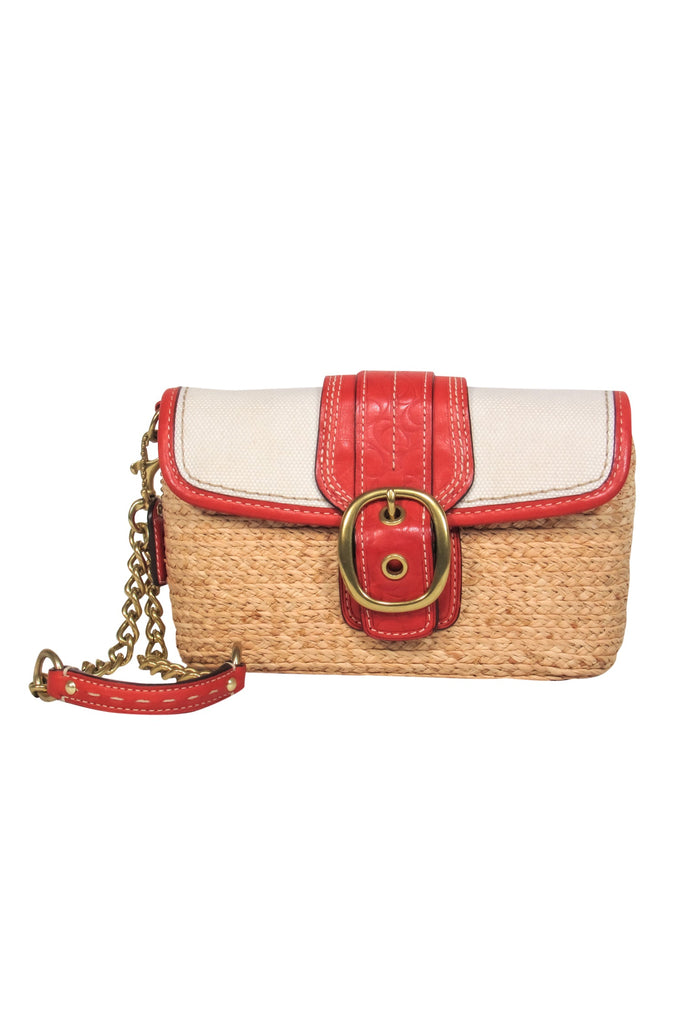 Coach - Tan, Red & Cream Woven Straw & Leather Convertible Wristlet –  Current Boutique
