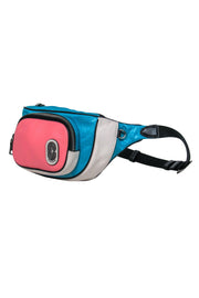 Current Boutique-Coach - Teal, White & Pink Pebbled Leather & Nylon Colorblocked Logo Fanny Pack