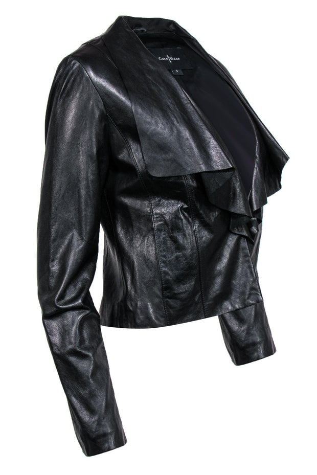 Current Boutique-Cole Haan - Black Leather Open Front Jacket w/ Waterfall Collar Sz S