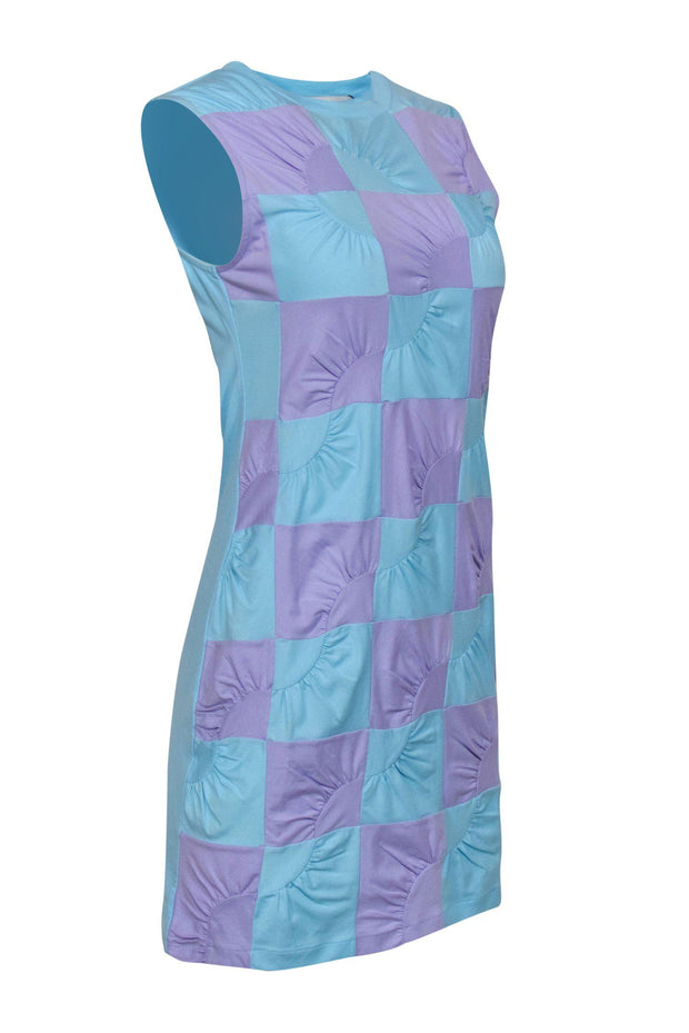 Current Boutique-Coperni - Aqua & Lilac Patchwork Sleeveless Shift Dress w/ Wavy Seam Detail Sz M