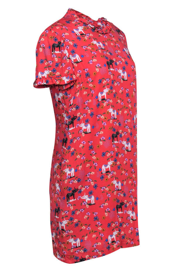 Current Boutique-Corey Lynn Calter - Red Elephant & Flower Print Short Sleeve Shift Dress Sz S