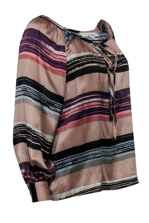 Current Boutique-Corey Lynn Calter - Tan & Purple Striped Silk Peasant Top Sz 2