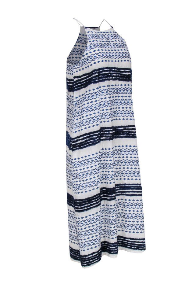Current Boutique-Corey Lynn Calter - White & Blue Dress w/ Diamond Pattern & Fringe Sz XS