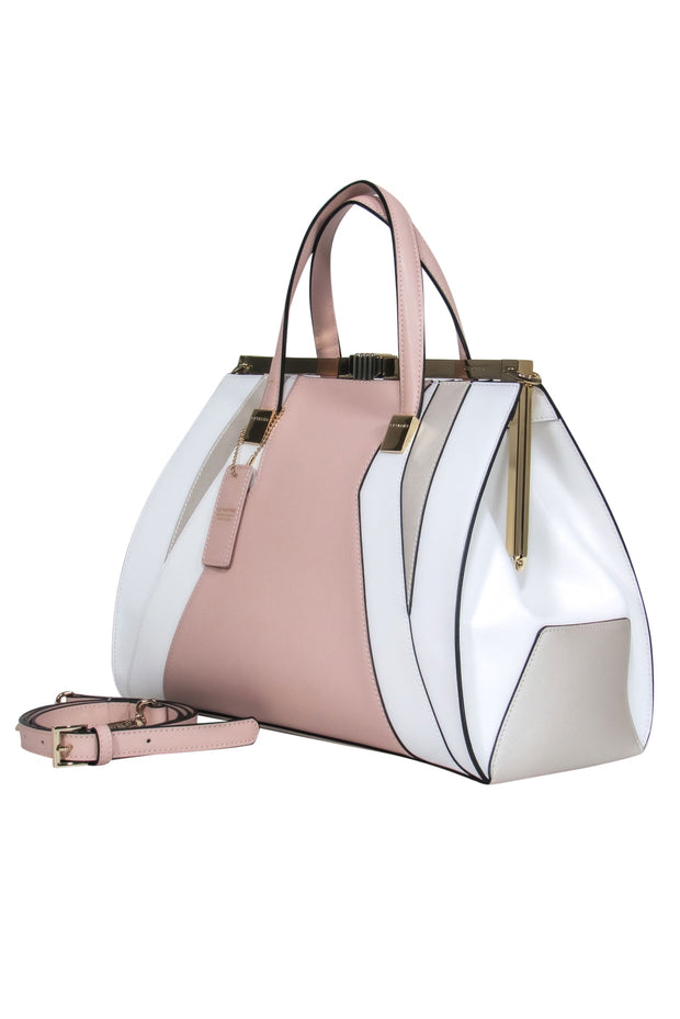 Current Boutique-Cromia - Pink, White & Taupe Snap Clasp Convertible Satchel