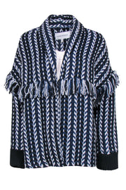 Current Boutique-Cupcakes & Cashmere - Navy, Black & White Knit Fringed Open Front Cardigan Sz L