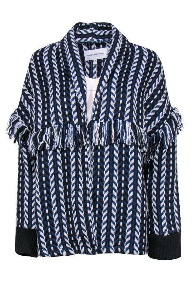 Current Boutique-Cupcakes & Cashmere - Navy, Black & White Knit Fringed Open Front Cardigan Sz L