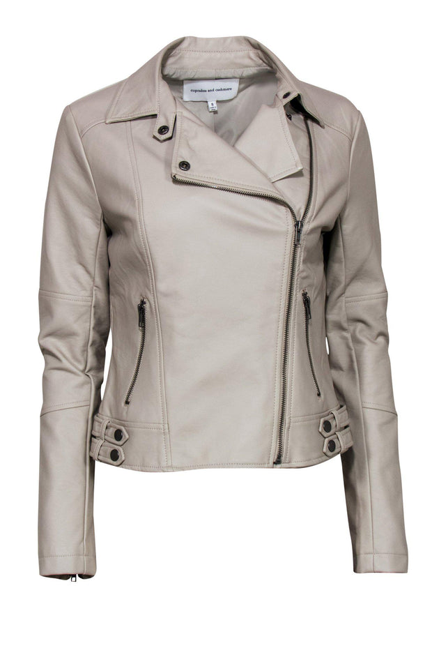 Current Boutique-Cupcakes & Cashmere - Taupe Smooth Faux Leather Moto Jacket Sz S