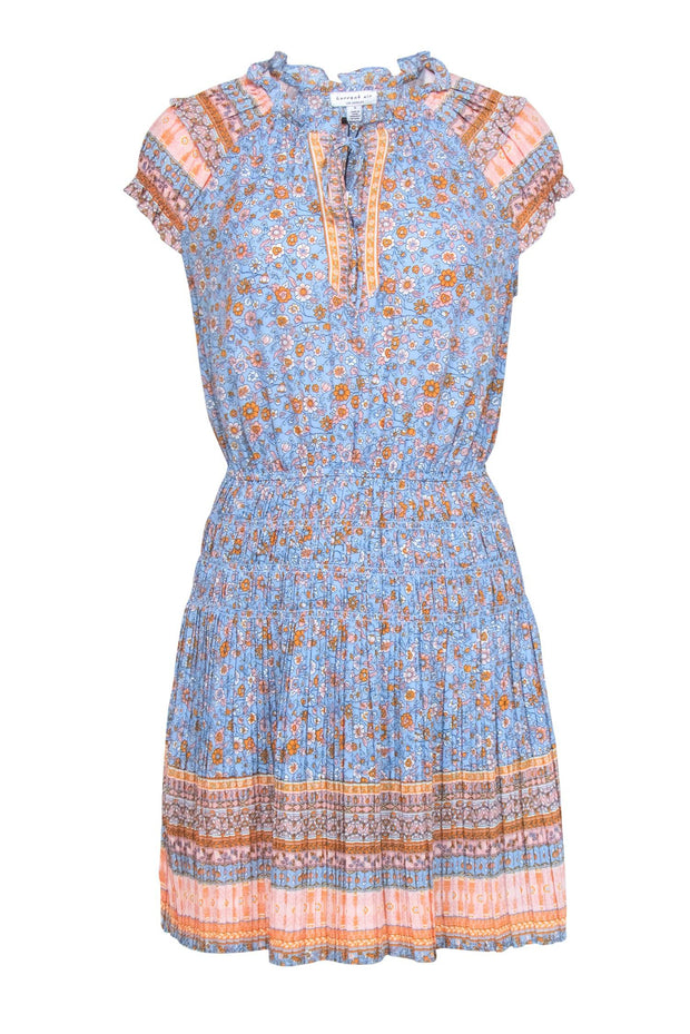 Current Boutique-Current Air - Light Blue Floral Print Mini Dress w/ Pleats Sz S