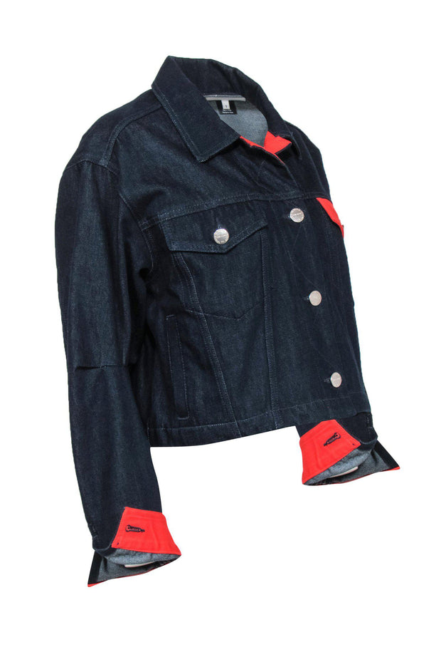 Current Boutique-Current/Elliott - Dark Wash Button-Up Cropped Denim Jacket w/ Red Trim Sz 2