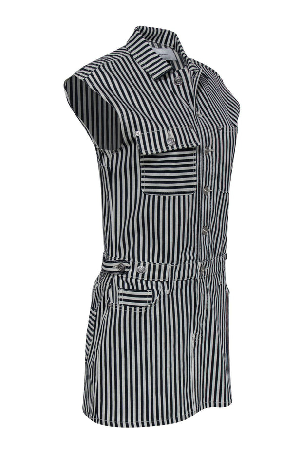 Current Boutique-Current/Elliott - Navy & White Striped Sleeveless Button-Up Shirt Dress Sz S