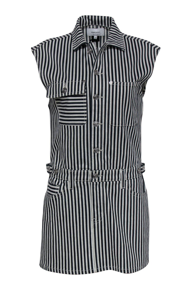 Current Boutique-Current/Elliott - Navy & White Striped Sleeveless Button-Up Shirt Dress Sz S