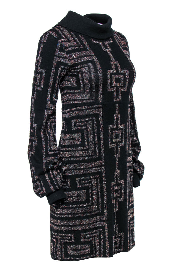 Current Boutique-Custo Barcelona - Black Sparkly Geometric Print Turtleneck Sweater Dress Sz M