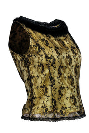Current Boutique-Cynthia Cynthia Steffe - Gold & Black Sleeveless Top w/ Lace Overlay & Fur Collar Sz M