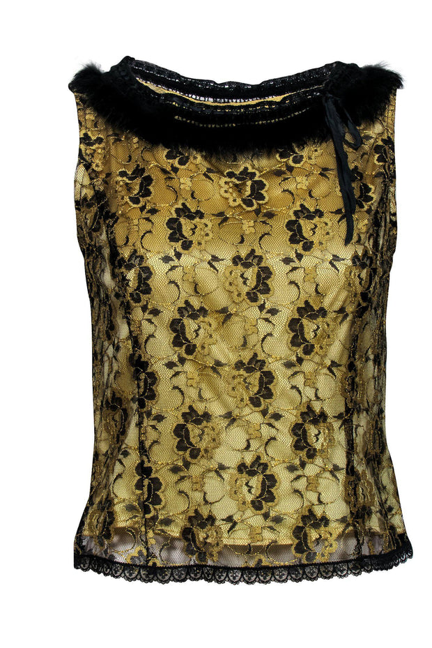 Current Boutique-Cynthia Cynthia Steffe - Gold & Black Sleeveless Top w/ Lace Overlay & Fur Collar Sz M