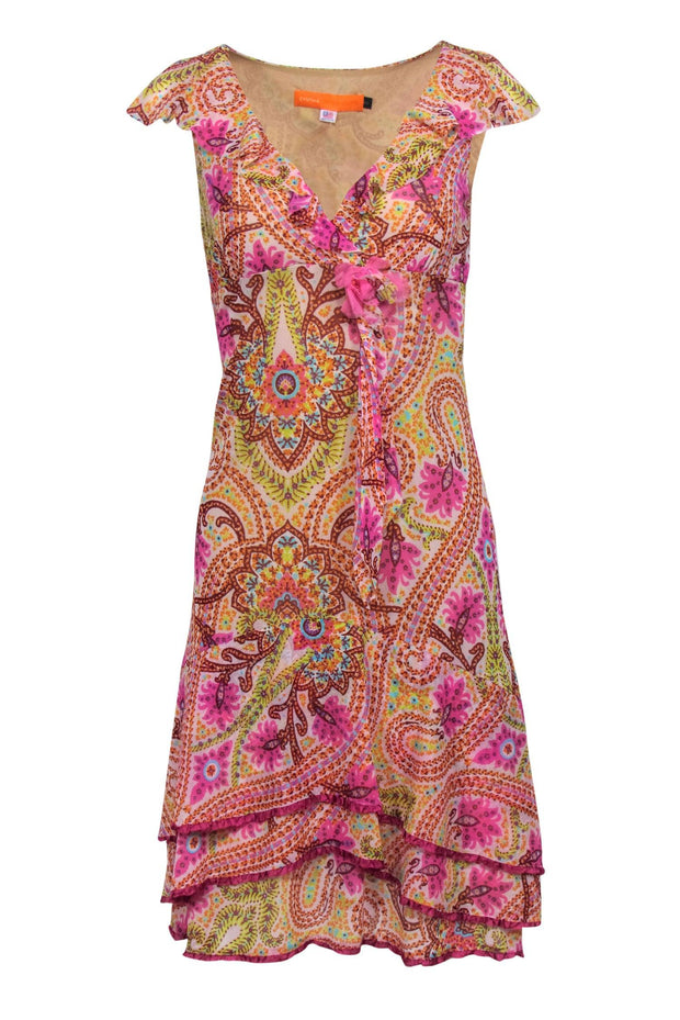 Current Boutique-Cynthia Cynthia Steffe - Pink & Multicolor Bohemian Print Dress w/ Floral Applique Sz S