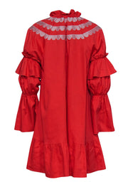 Current Boutique-Cynthia Rowley - Coral Long Sleeve Ruffle Shift Dress w/ Embroidery Sz XS