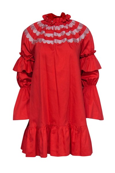 Current Boutique-Cynthia Rowley - Coral Long Sleeve Ruffle Shift Dress w/ Embroidery Sz XS